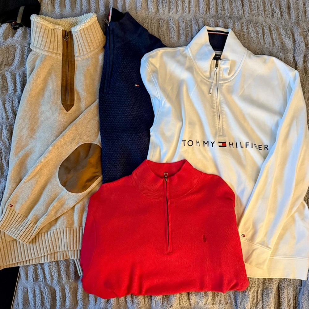 Tommy Hilfiger Cream, Navy, Red, and White Zip-Up Sweaters for Men